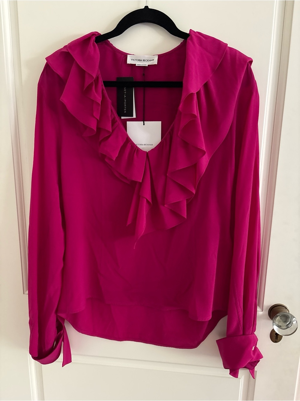 Victoria Beckham Fuchsia Ruffle V-Neck Long Sleeve Blouse